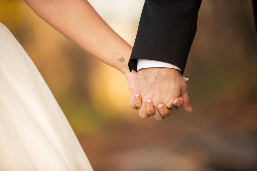 Close up of wedding couple holding hands on Mendenhall Inn wedding day